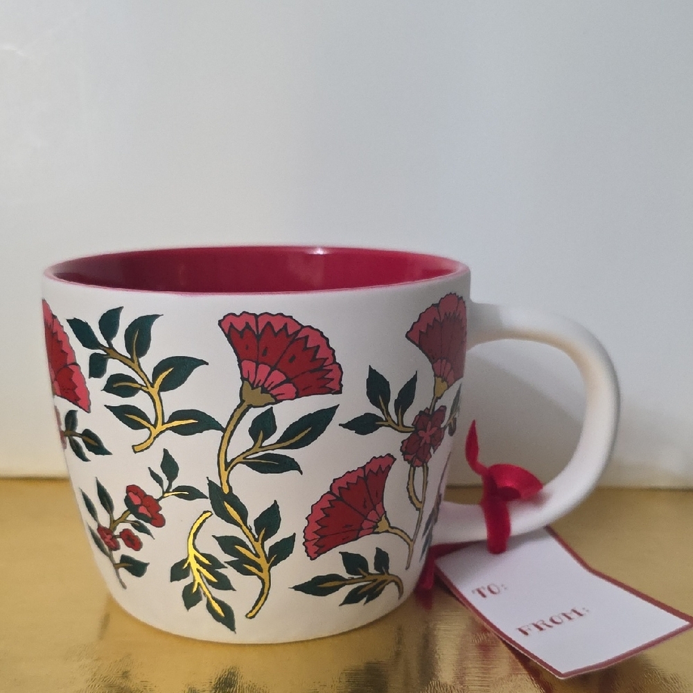 Peppermint & Pine Floral Red and White Ceramic Mug, NWT